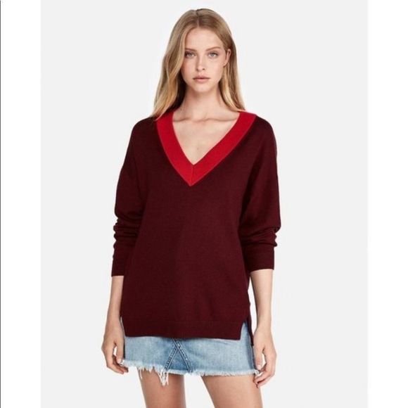 NWT EXPRESS Oversized Deep V-neck Soft Maroon & Red Sweater Size S - Picture 1 of 9